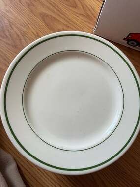 Set of 10 Vintage Buffalo China Restaurant Ware White Plates with Green Stripe